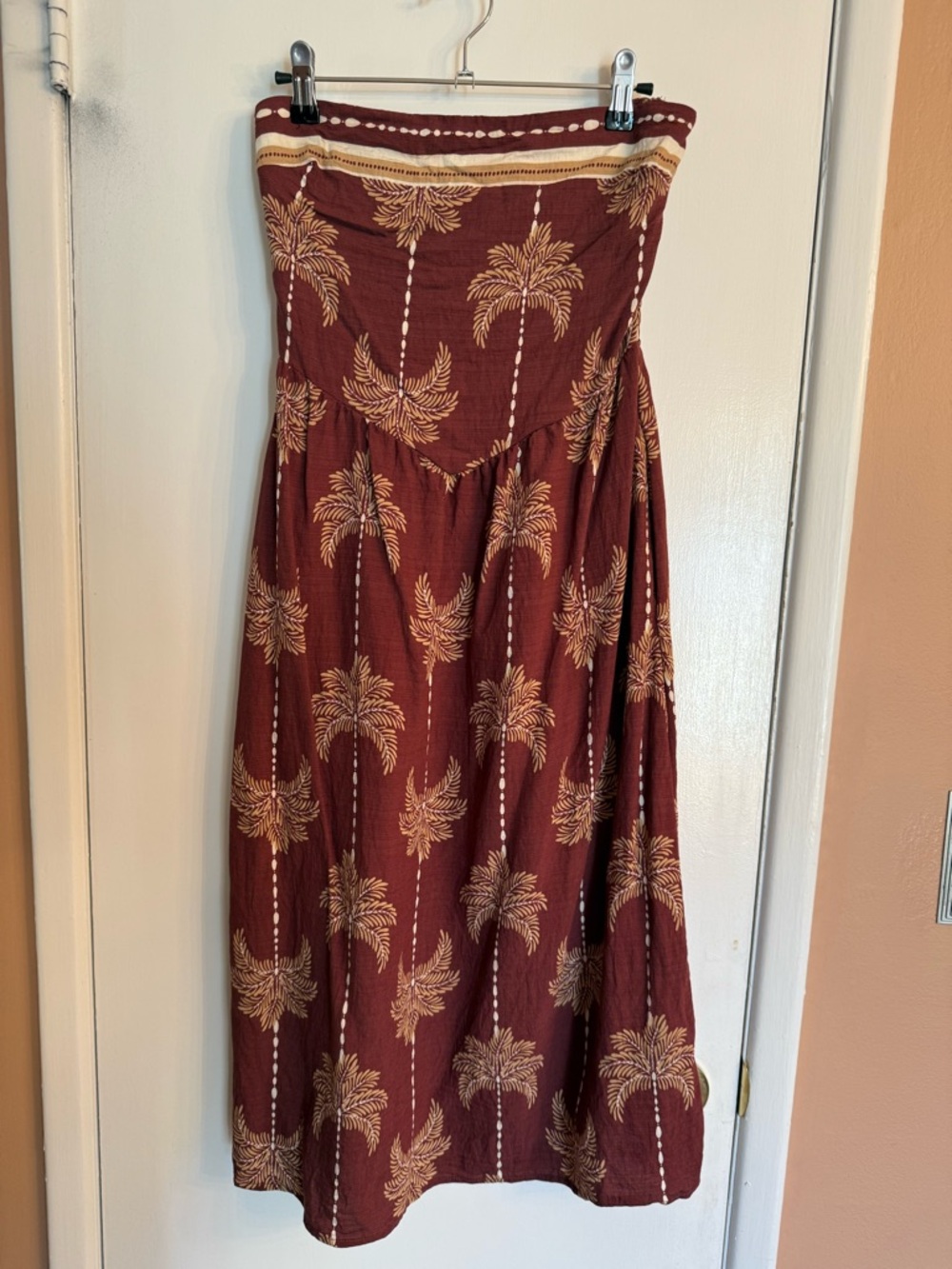 Maroon Strapless Maxi Dress with Palm Print